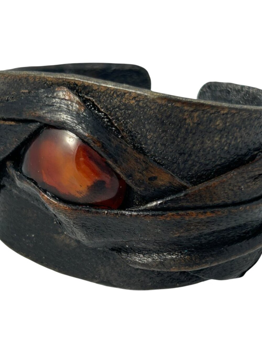 Chunky Black Leather Eye Cuff Bracelet Orange Cabochon Boho Artisan Statement